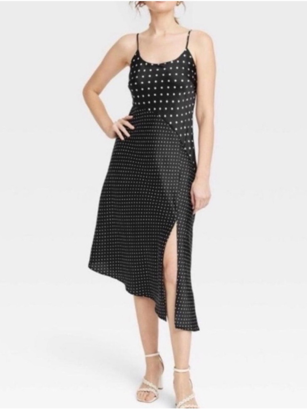 A New Day Black White Polka-Dot Satin Slip Dress, Medium